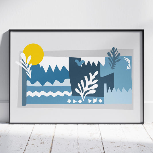 Abstract Blue Landscape with Sun - Rolled Poster Wall Art Print - House Prints
