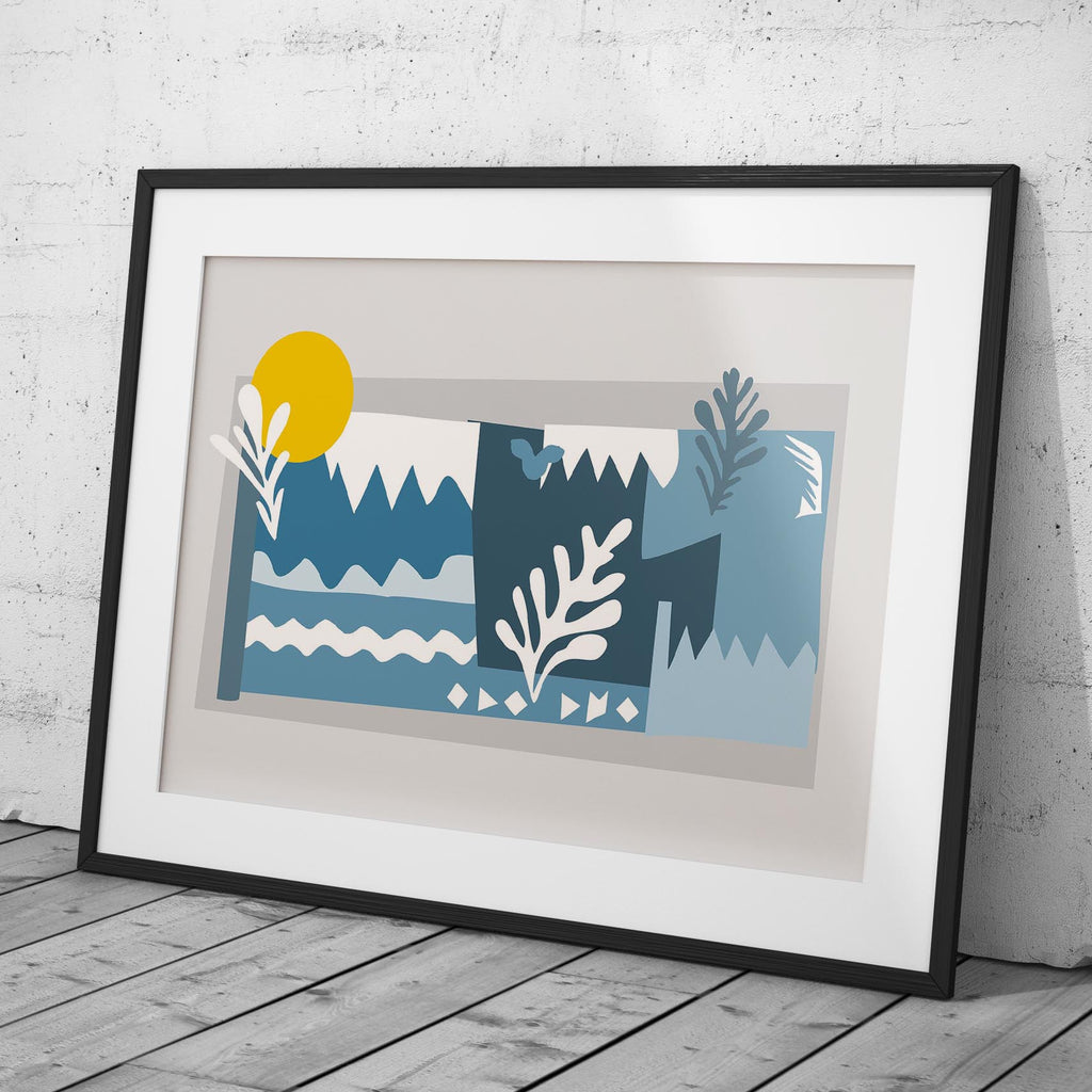 Abstract Blue Landscape with Sun - Rolled Poster Wall Art Print | House Prints
