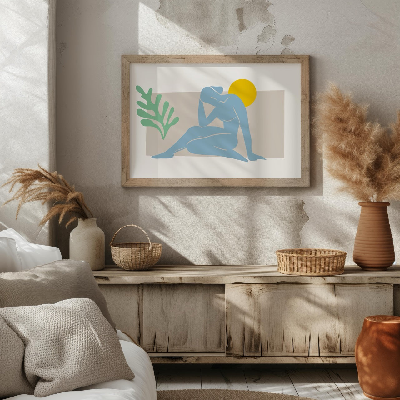Minimalist Abstract Light Blue Figure with Sun - Rolled Poster Wall Art Print | House Prints