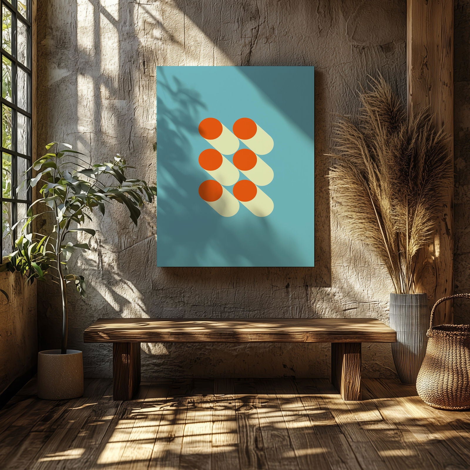 Mid-Century Blue Bauhaus Geometry - Framed Canvas Wall Art Print | House Prints