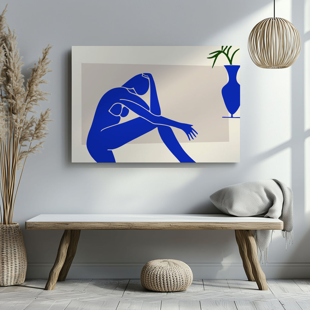 Minimalist Abstract Blue Contemplating Figure - Framed Canvas Wall Art Print | House Prints