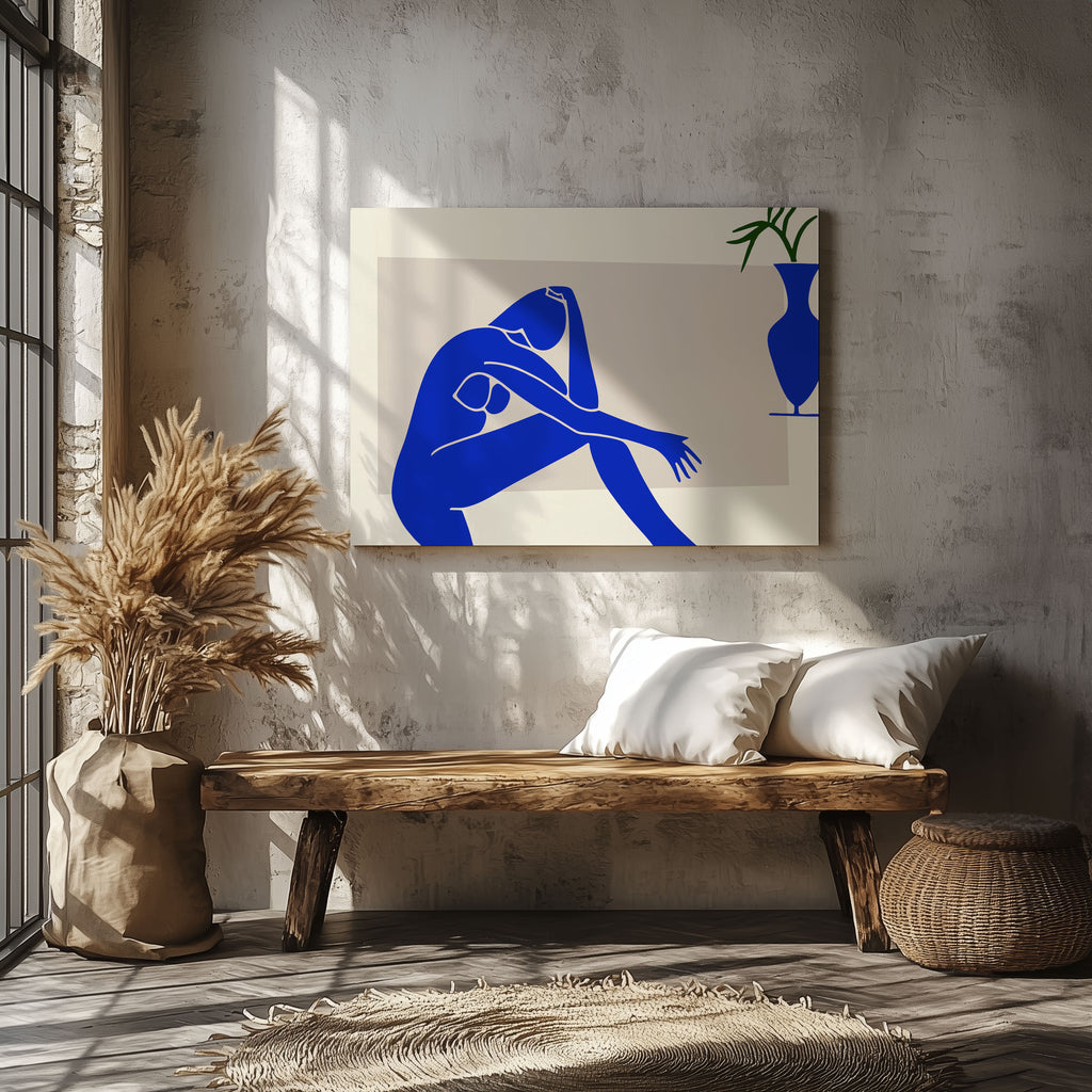 Minimalist Abstract Blue Contemplating Figure - Framed Canvas Wall Art Print | House Prints