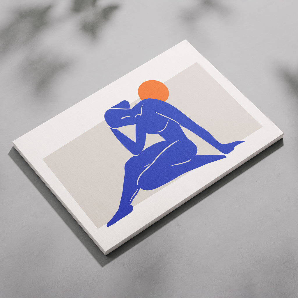 Minimalist Abstract Blue Figure with Sun - Framed Canvas Wall Art Print | House Prints