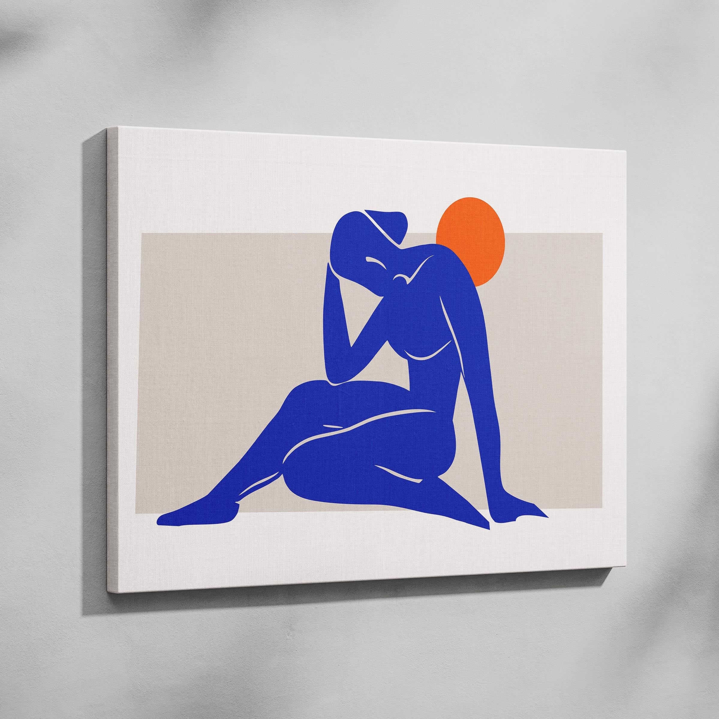 Minimalist Abstract Blue Figure with Sun - Framed Canvas Wall Art Print | House Prints