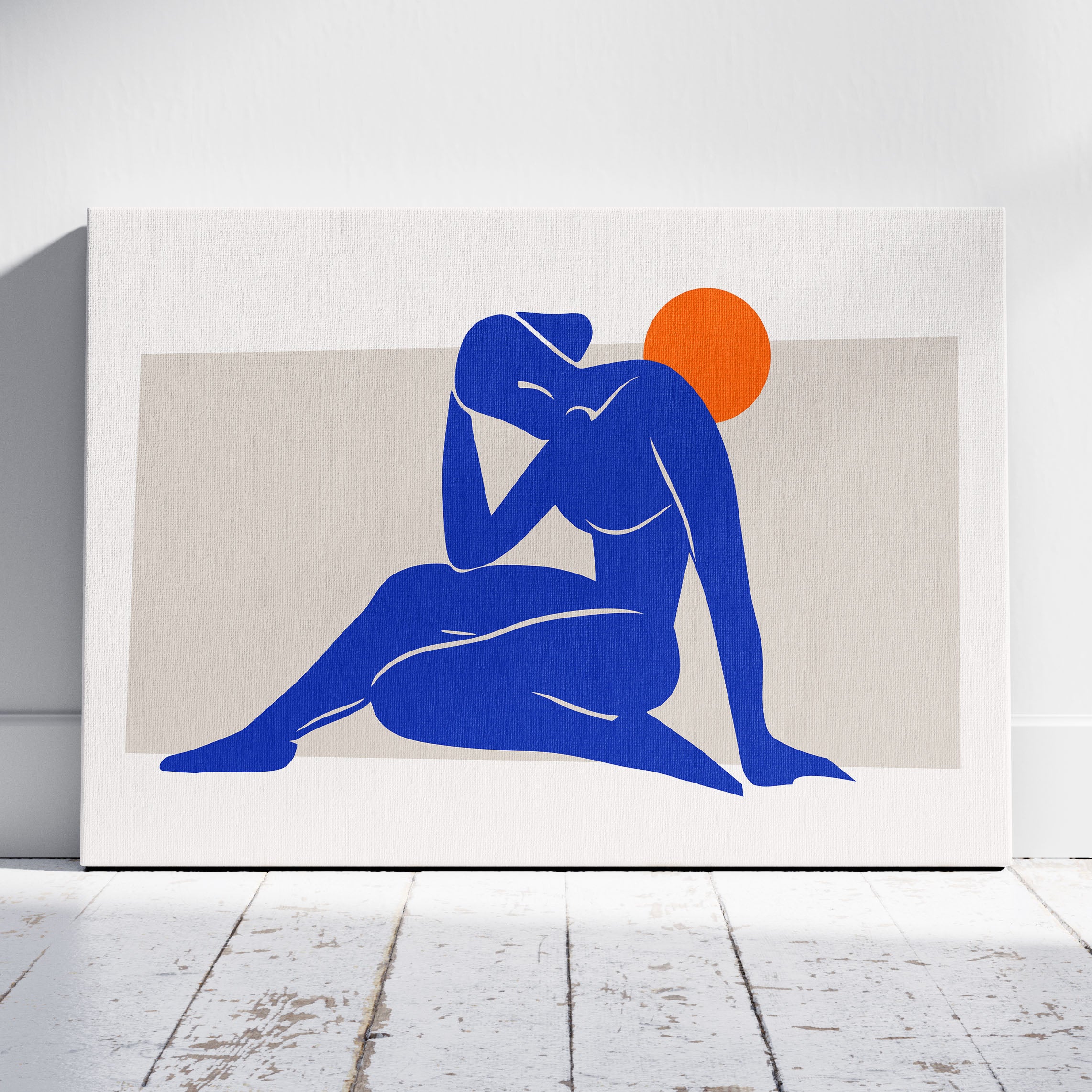 Minimalist Abstract Blue Figure with Sun - Framed Canvas Wall Art Print | House Prints
