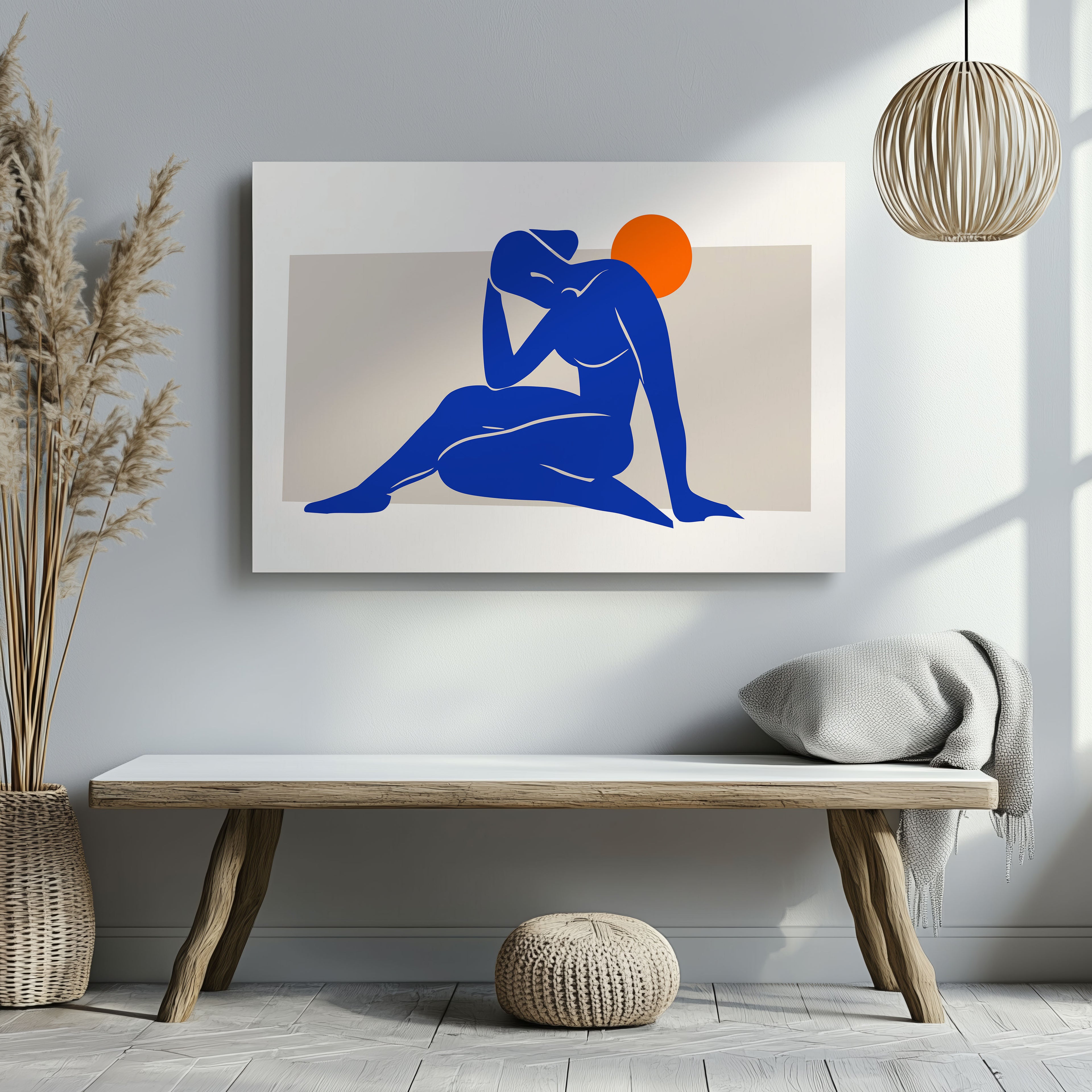 Minimalist Abstract Blue Figure with Sun - Framed Canvas Wall Art Print | House Prints