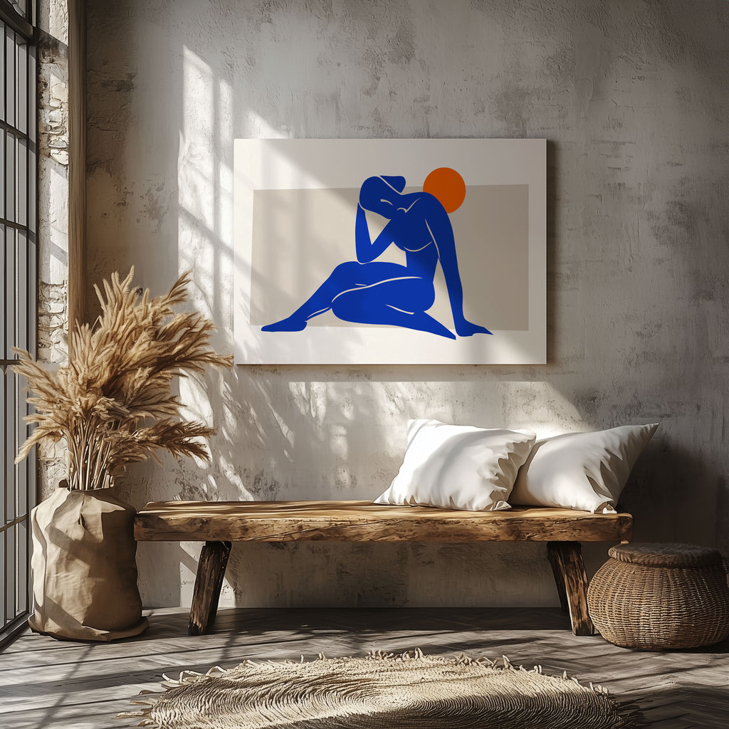 Minimalist Abstract Blue Figure with Sun - Framed Canvas Wall Art Print | House Prints