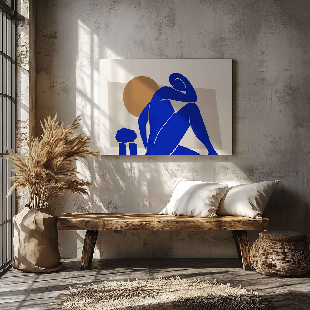 Minimalist Abstract Bold Blue Figure - Framed Canvas Wall Art Print