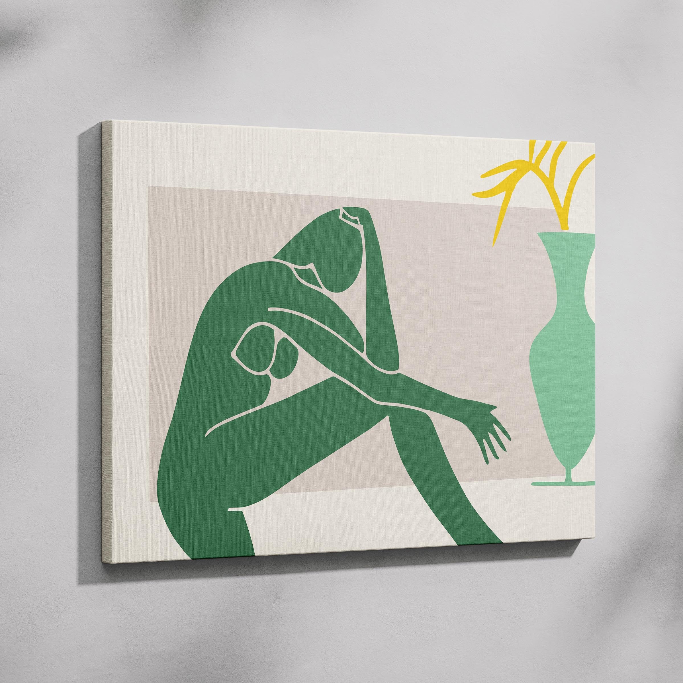 Minimalist Abstract Green Figure with Vase - Framed Canvas Wall Art Print | House Prints