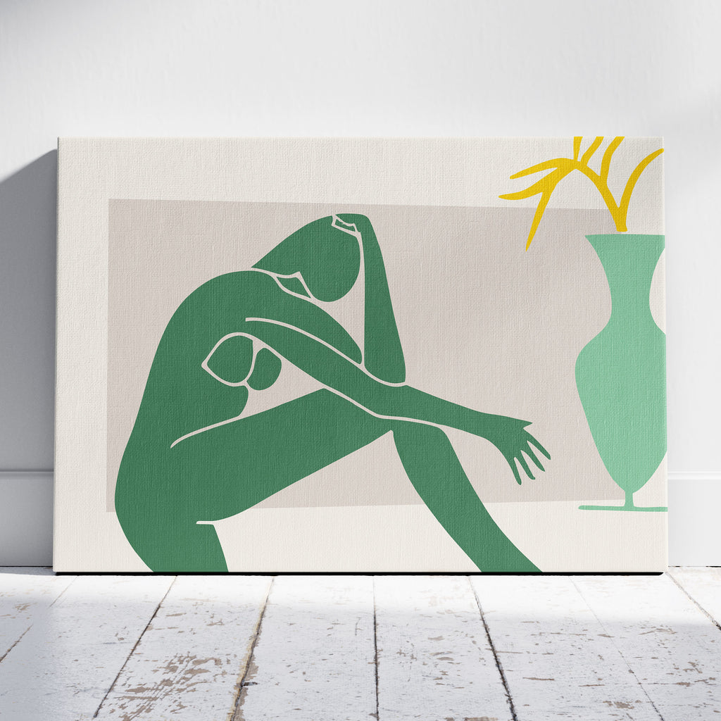 Minimalist Abstract Green Figure with Vase - Framed Canvas Wall Art Print | House Prints