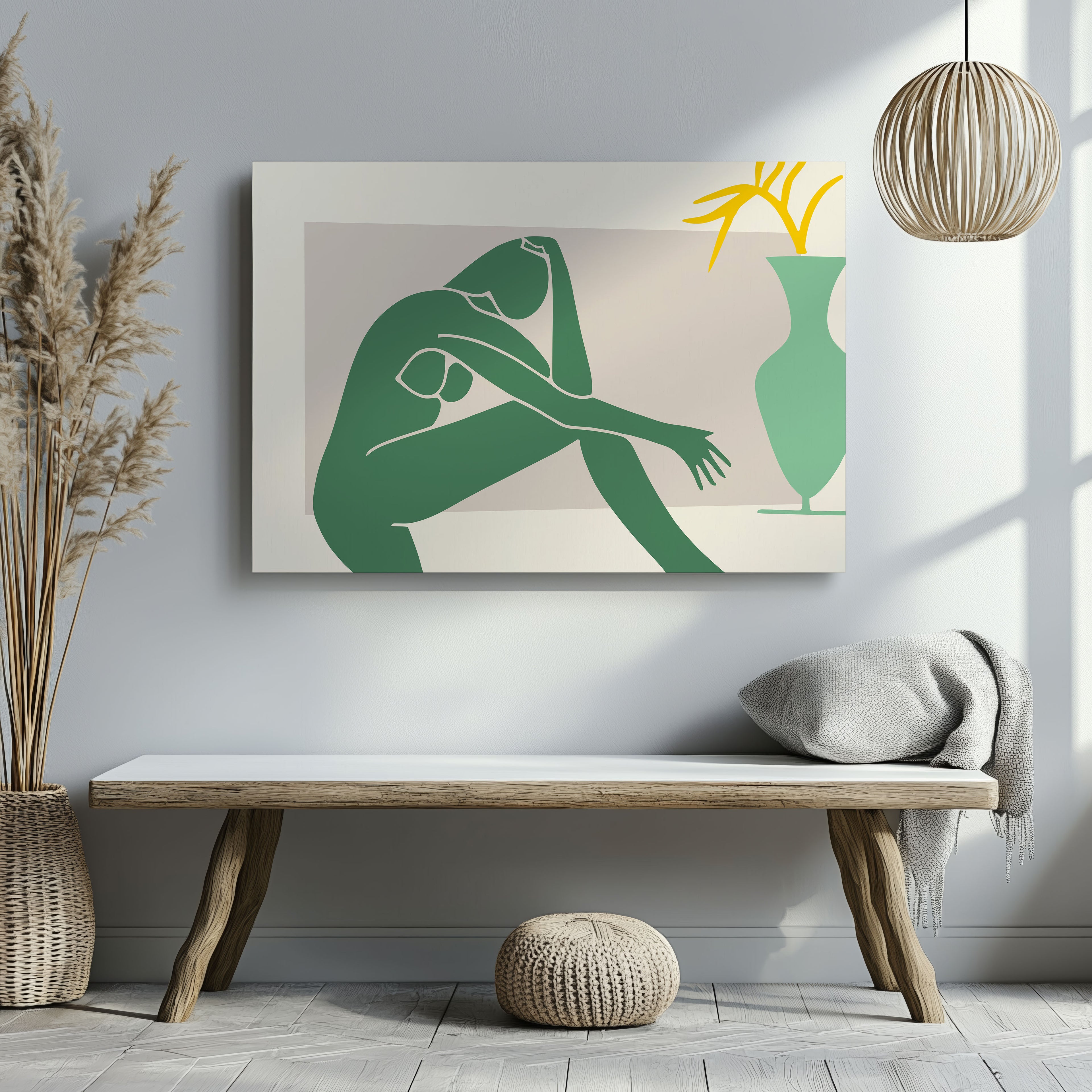 Minimalist Abstract Green Figure with Vase - Framed Canvas Wall Art Print | House Prints