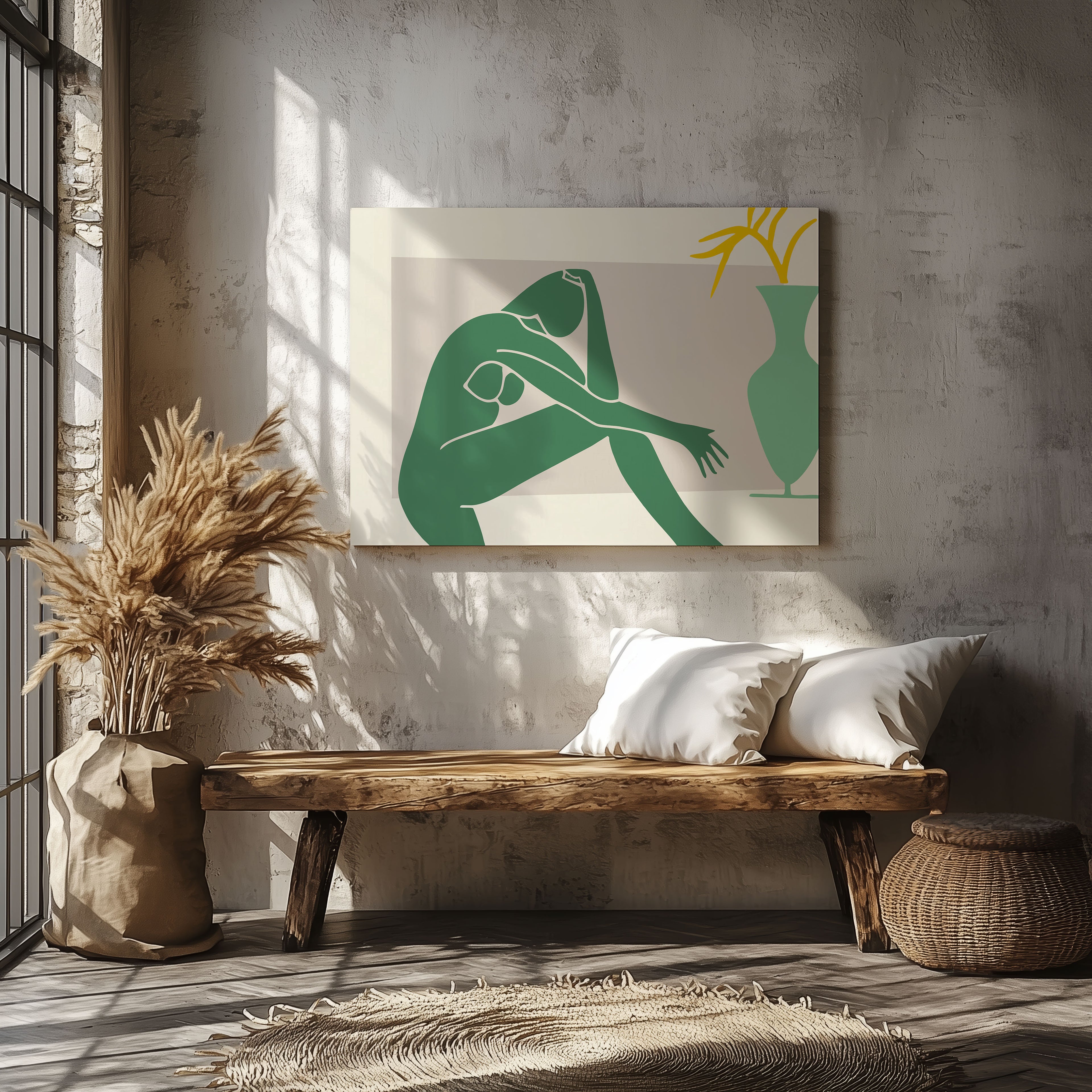 Minimalist Abstract Green Figure with Vase - Framed Canvas Wall Art Print | House Prints