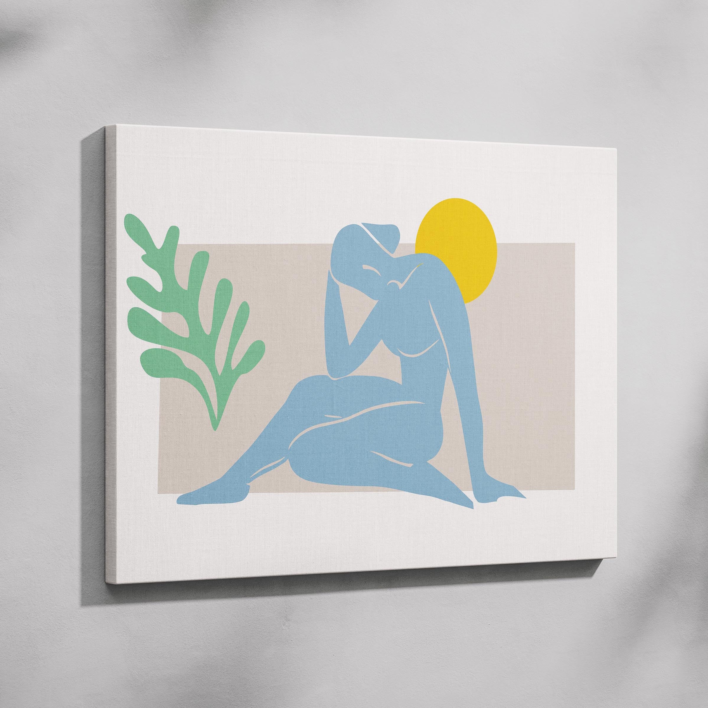 Minimalist Abstract Light Blue Figure with Sun - Framed Canvas Wall Art Print