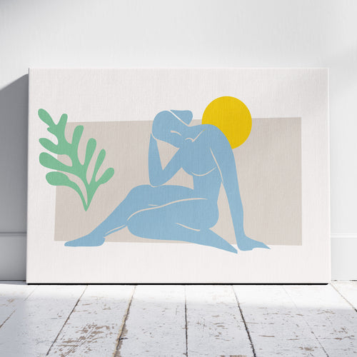 Minimalist Abstract Light Blue Figure with Sun - Framed Canvas Wall Art Print
