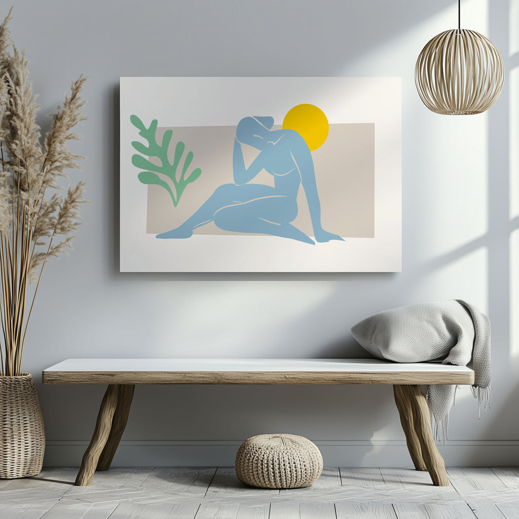 Minimalist Abstract Light Blue Figure with Sun - Framed Canvas Wall Art Print