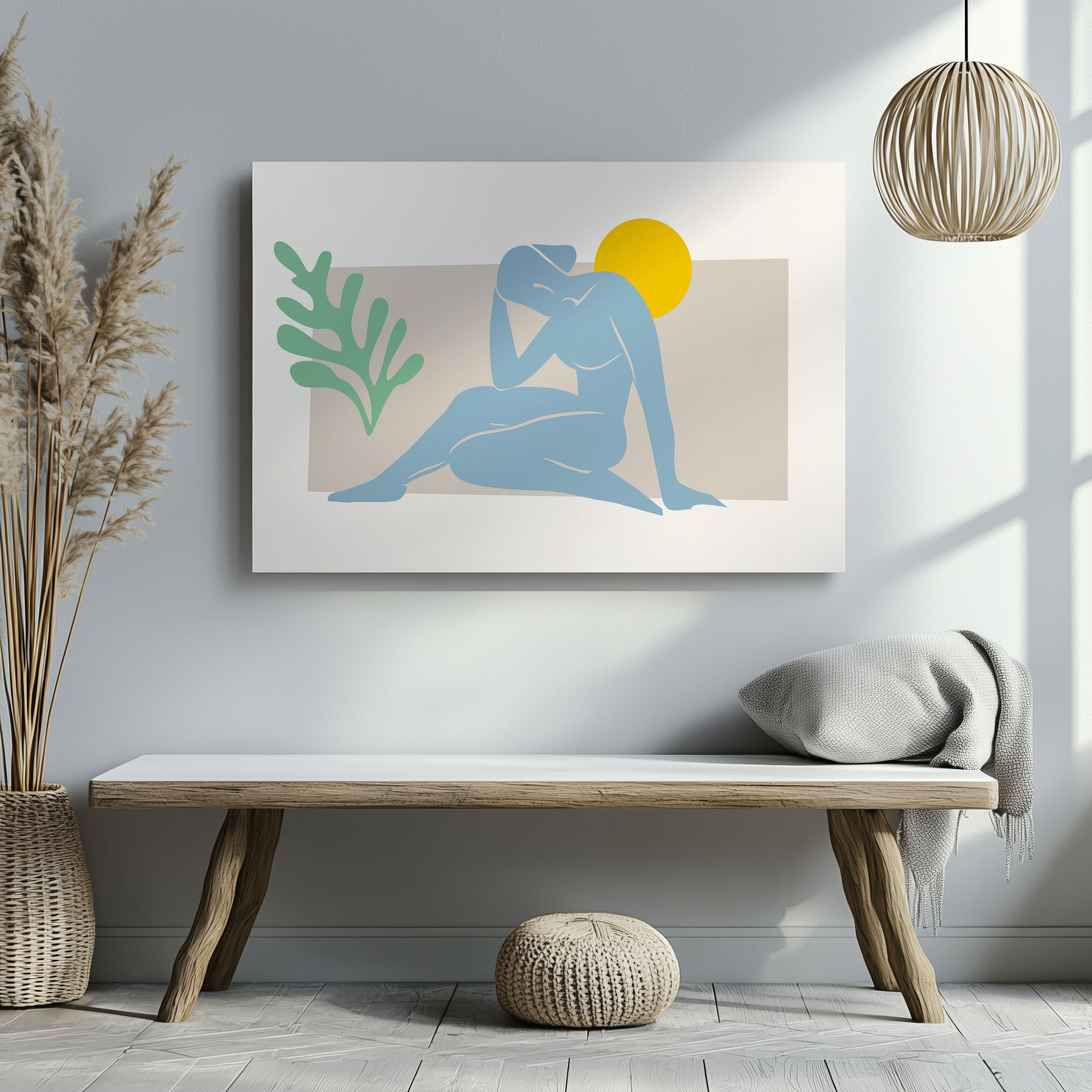 Minimalist Abstract Light Blue Figure with Sun - Framed Canvas Wall Art Print