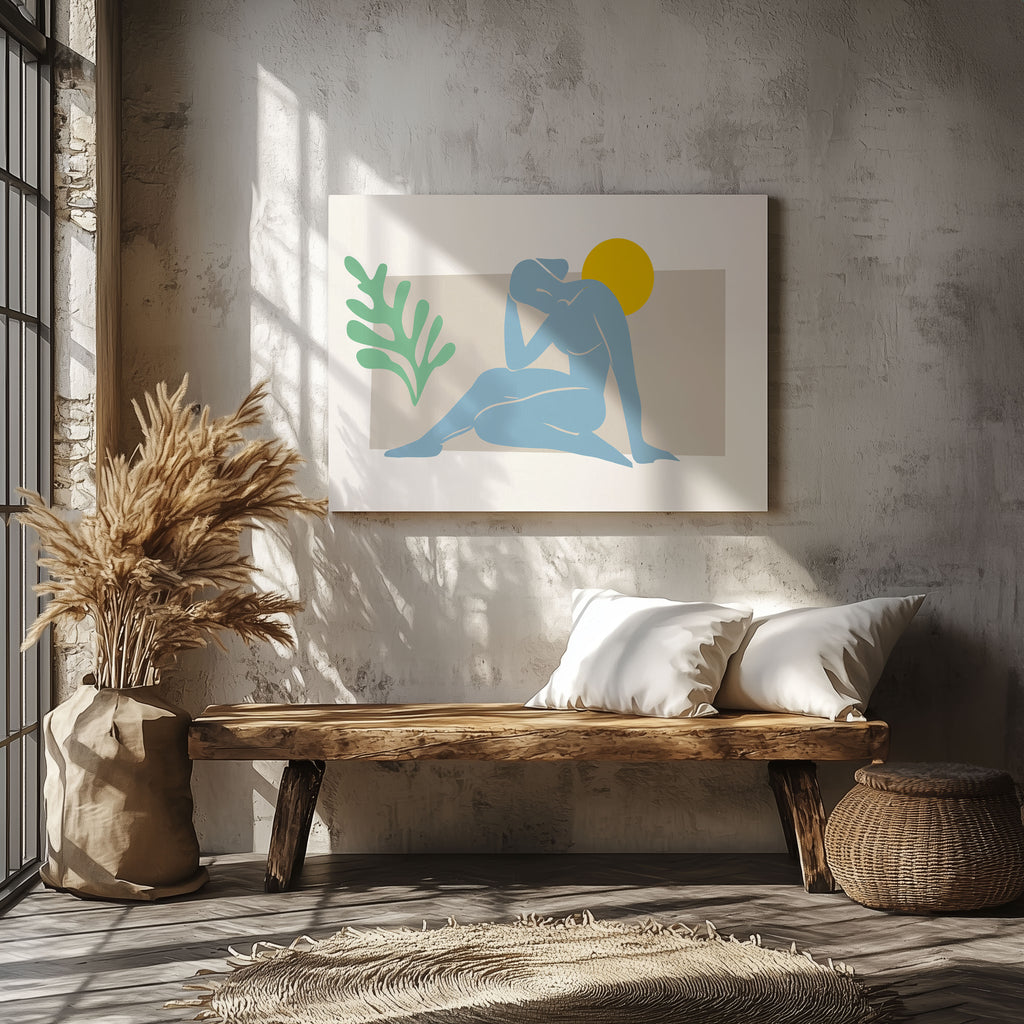 Minimalist Abstract Light Blue Figure with Sun - Framed Canvas Wall Art Print