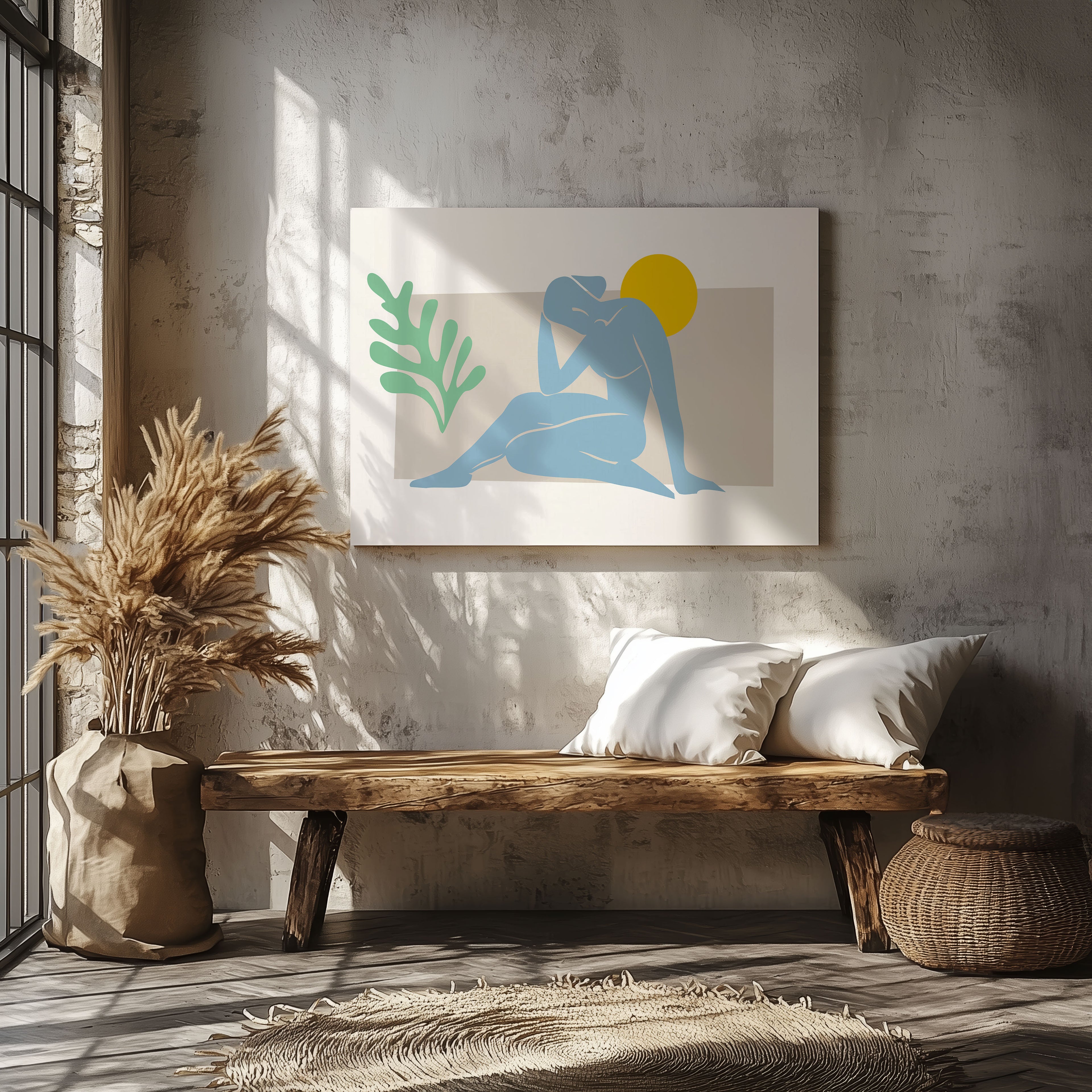 Minimalist Abstract Light Blue Figure with Sun - Framed Canvas Wall Art Print