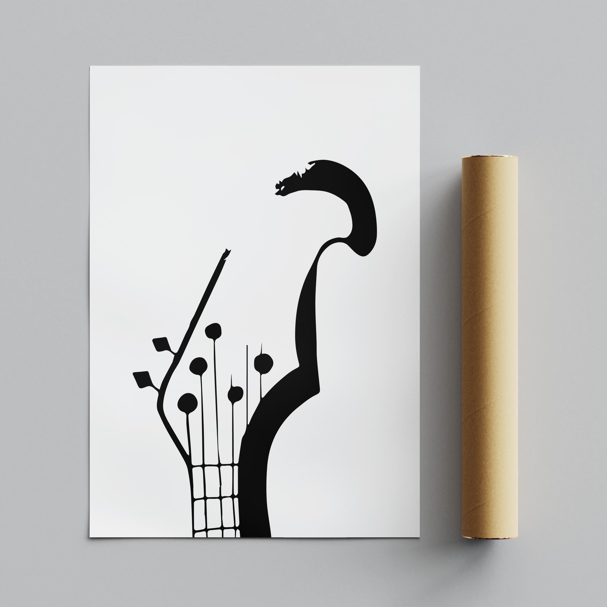 Minimalist Black & White Guitar Music Instrument - Rolled Poster Wall Art Print