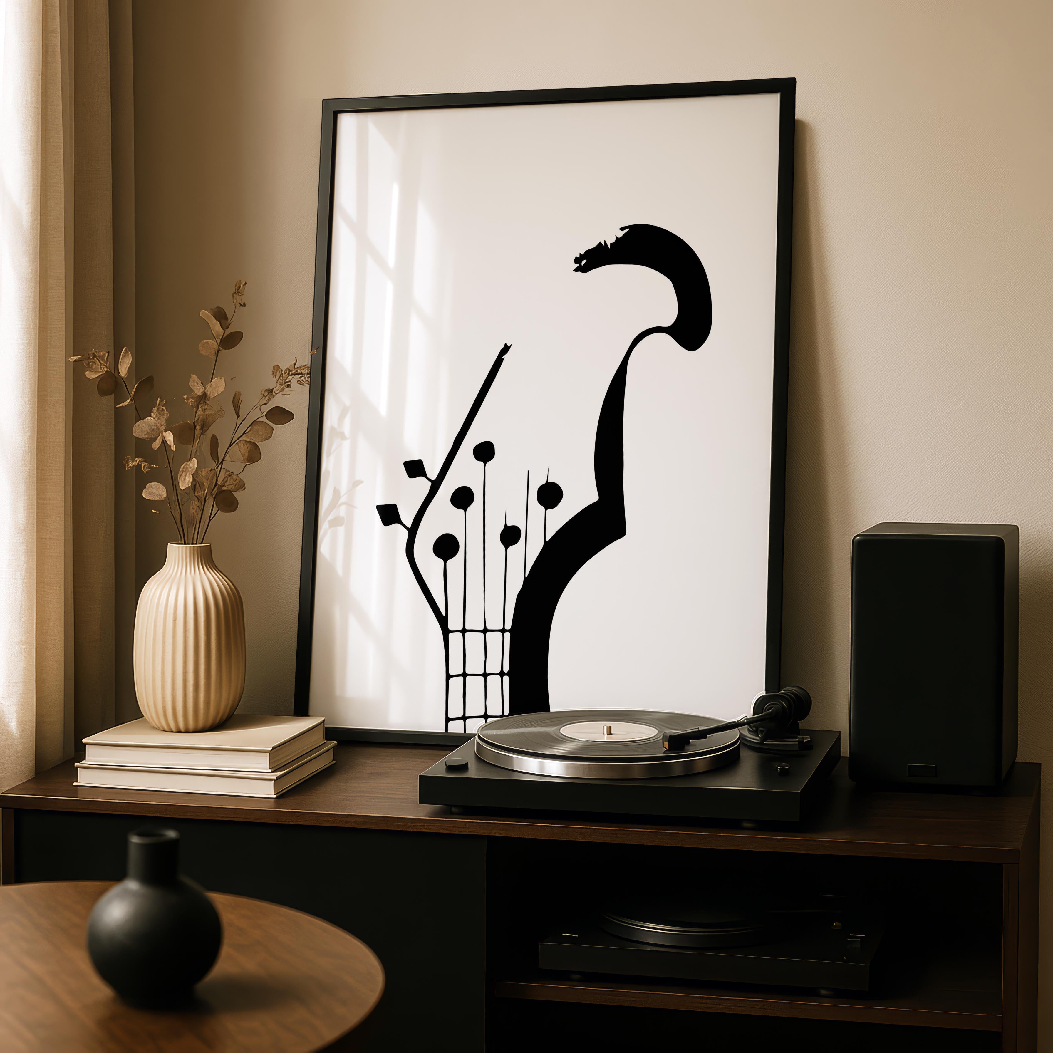 Minimalist Black & White Guitar Music Instrument - Rolled Poster Wall Art Print