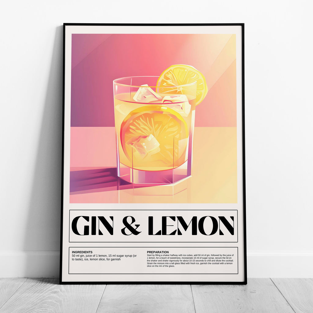 Modern Gin & Lemon Classic Cocktail Recipe - Rolled Poster Wall Art Print | House Prints