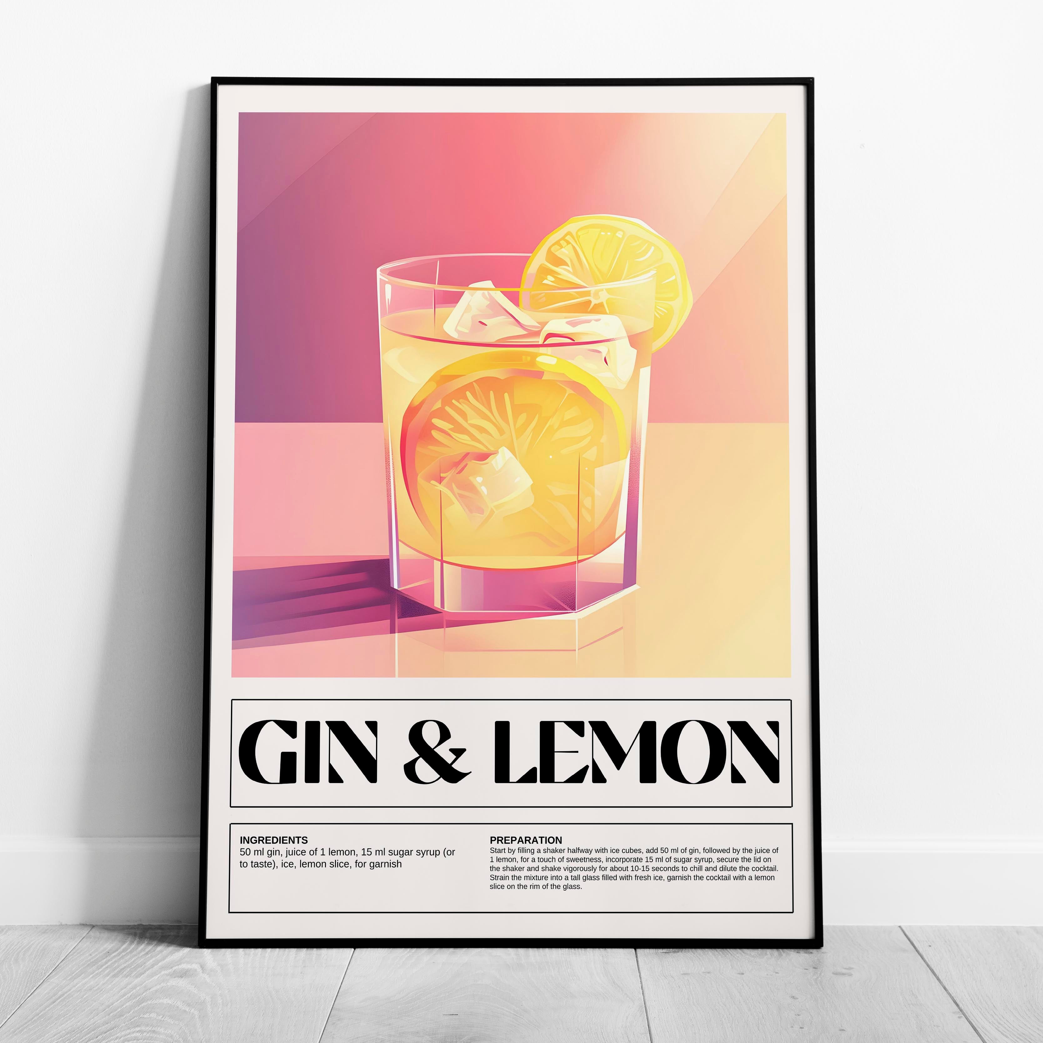 Modern Gin & Lemon Classic Cocktail Recipe - Rolled Poster Wall Art Print | House Prints