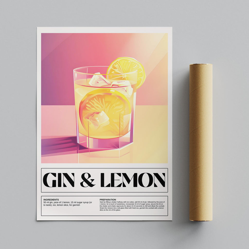 Modern Gin & Lemon Classic Cocktail Recipe - Rolled Poster Wall Art Print | House Prints