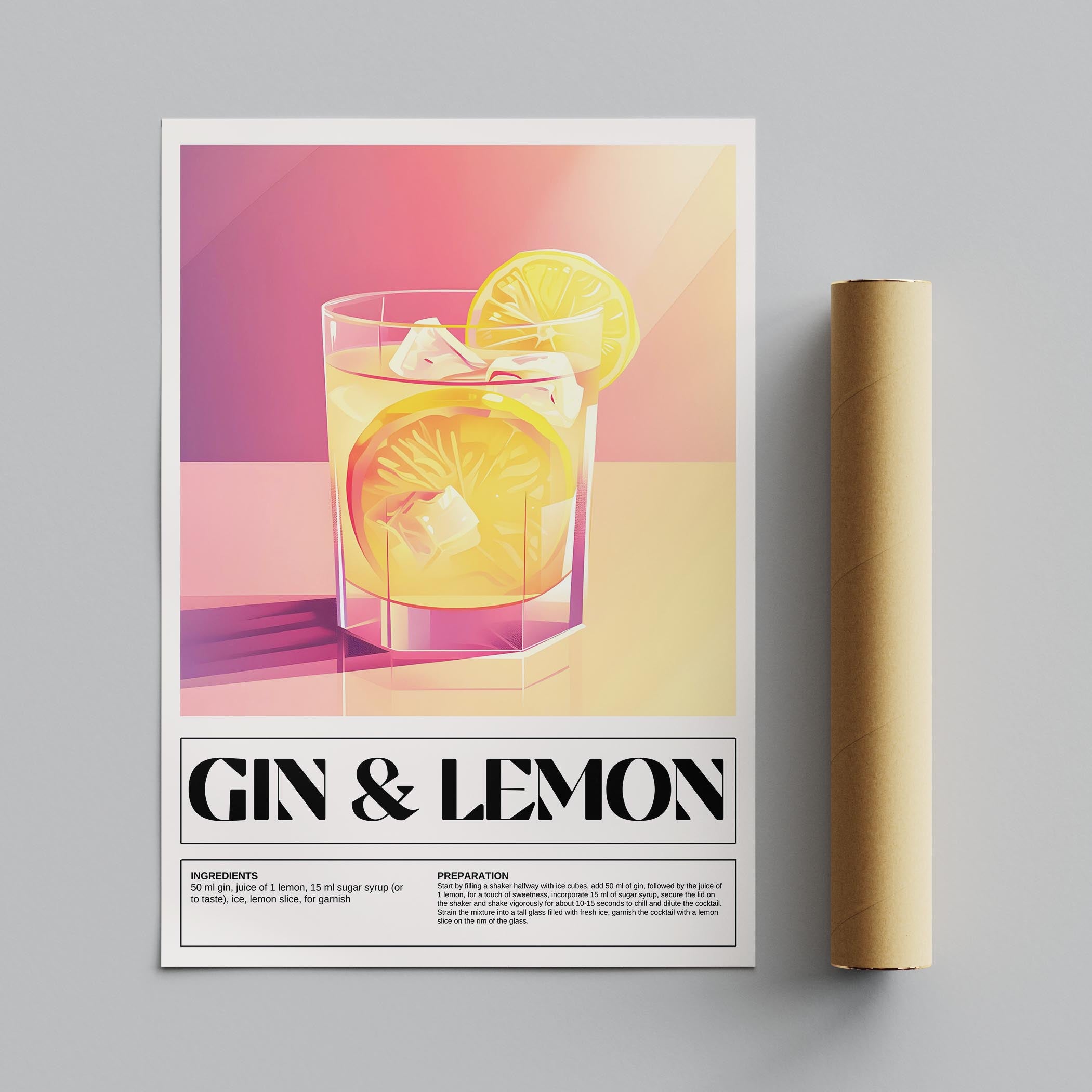 Modern Gin & Lemon Classic Cocktail Recipe - Rolled Poster Wall Art Print | House Prints