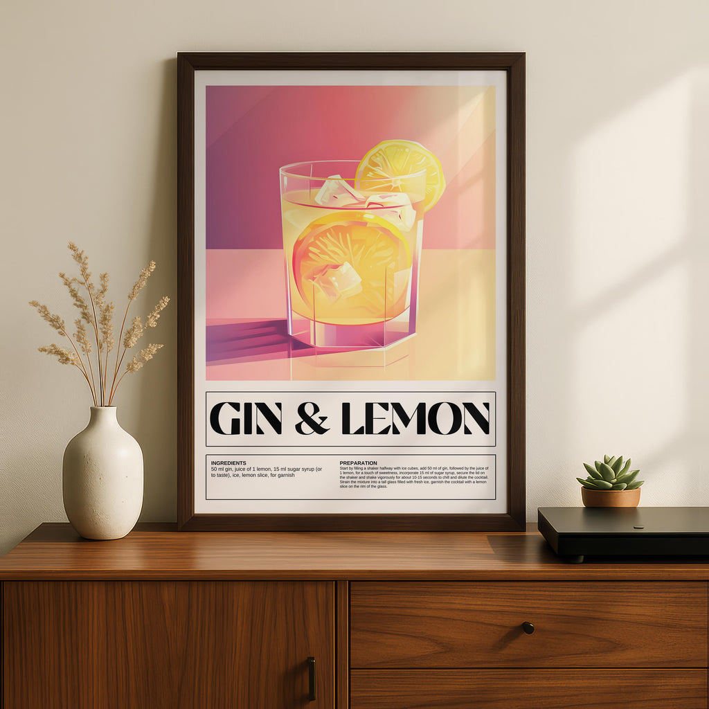 Modern Gin & Lemon Classic Cocktail Recipe - Rolled Poster Wall Art Print | House Prints