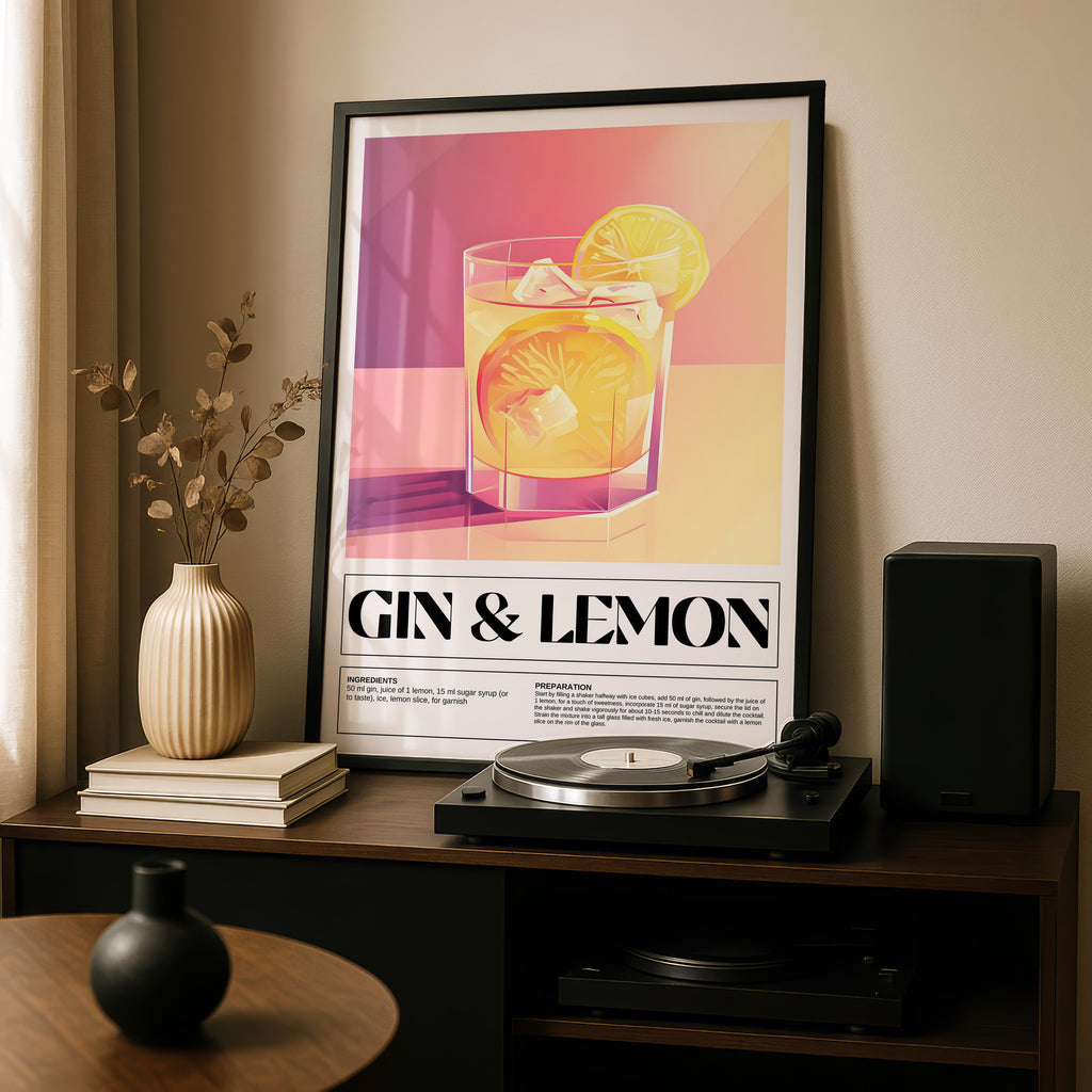 Modern Gin & Lemon Classic Cocktail Recipe - Rolled Poster Wall Art Print | House Prints