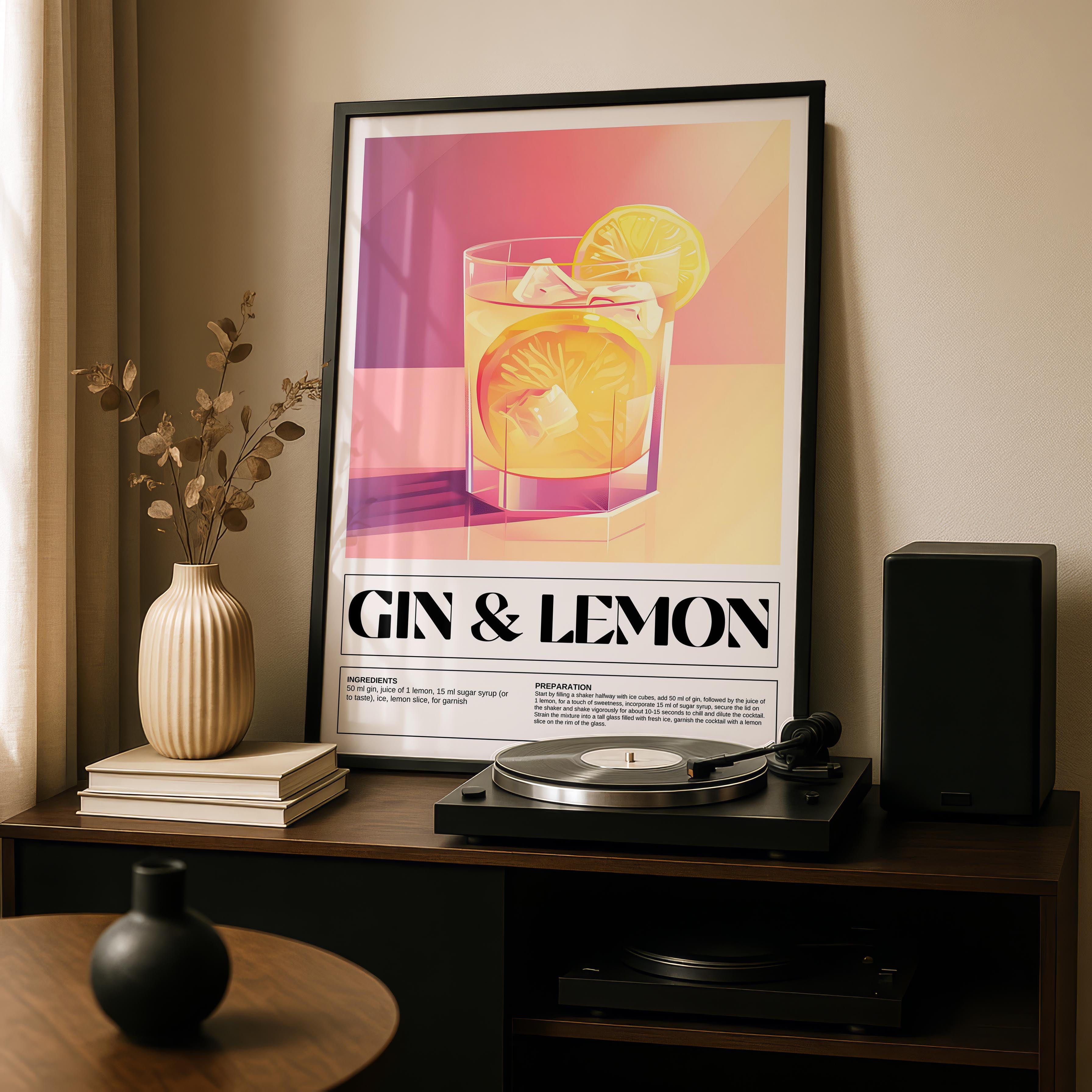 Modern Gin & Lemon Classic Cocktail Recipe - Rolled Poster Wall Art Print | House Prints
