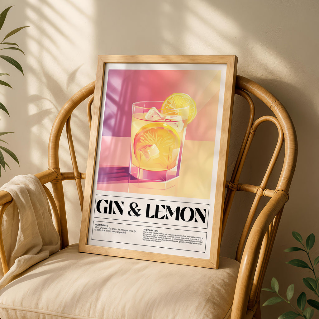 Modern Gin & Lemon Classic Cocktail Recipe - Rolled Poster Wall Art Print | House Prints
