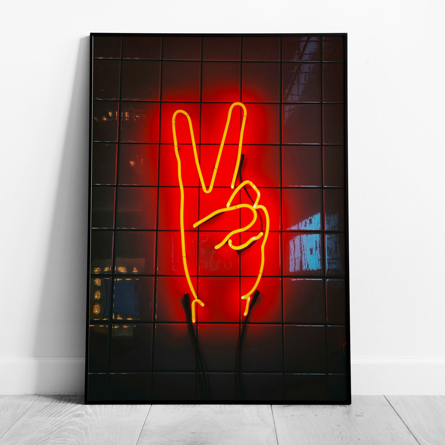 Modern Neon Hand Glow Peace Sign - Rolled Poster Wall Art Print - House Prints