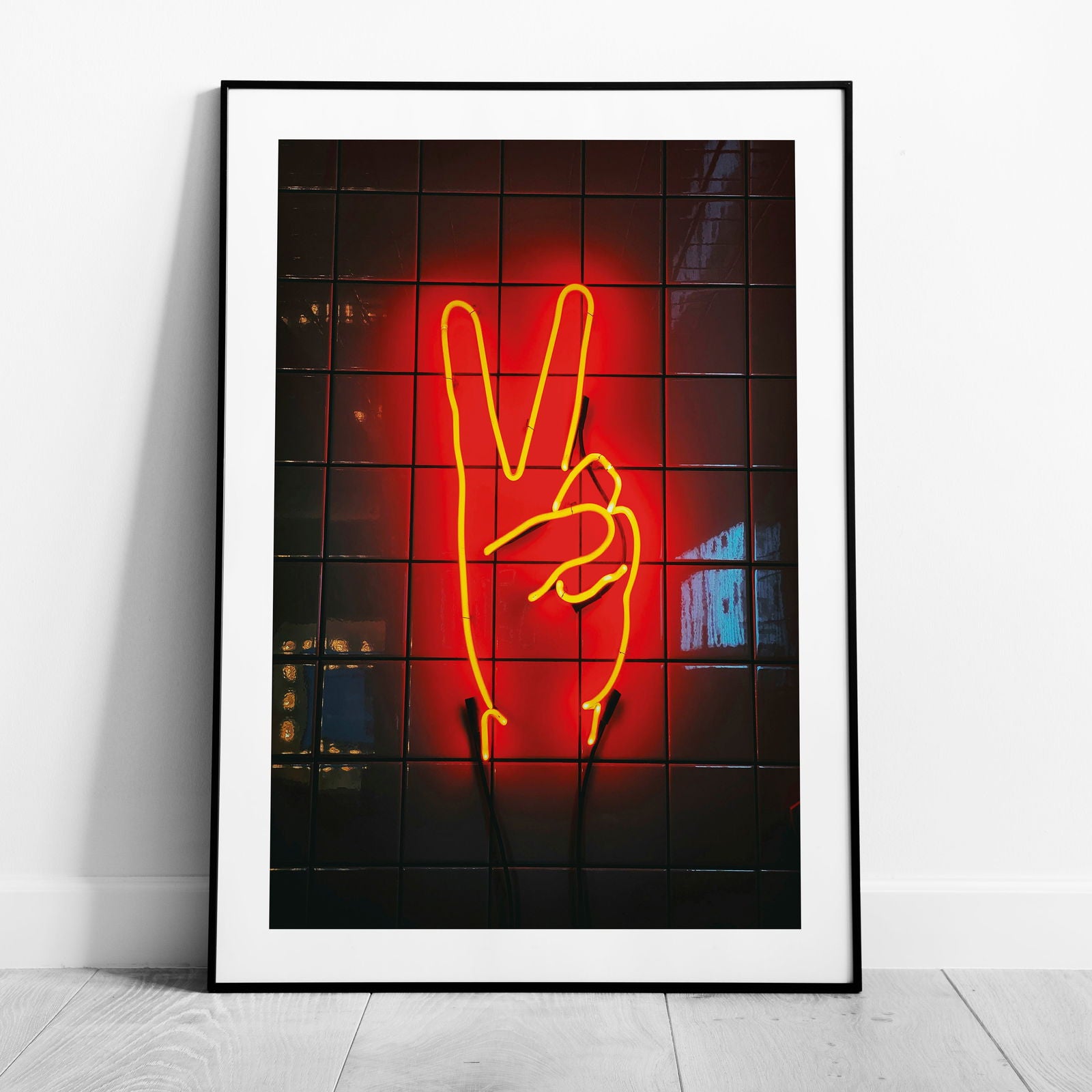 Modern Neon Hand Glow Peace Sign - Rolled Poster Wall Art Print - House Prints