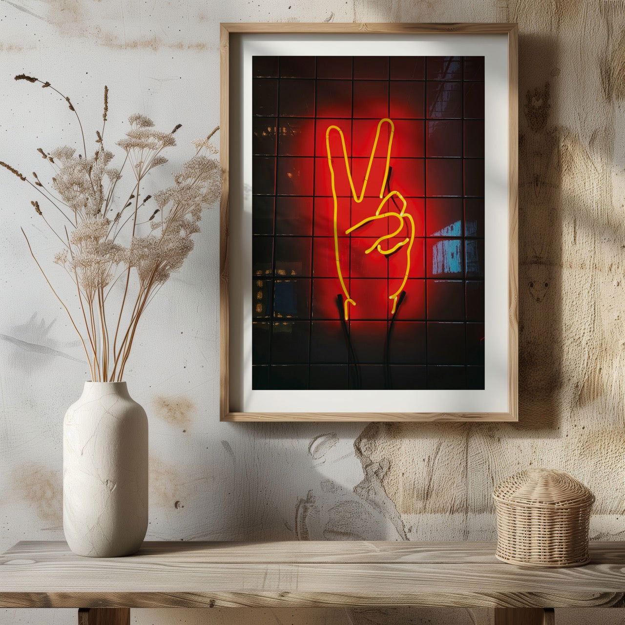 Modern Neon Hand Glow Peace Sign - Rolled Poster Wall Art Print - House Prints