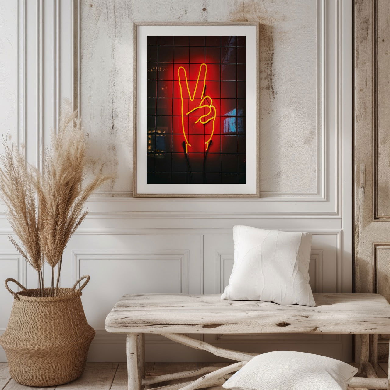 Modern Neon Hand Glow Peace Sign - Rolled Poster Wall Art Print - House Prints