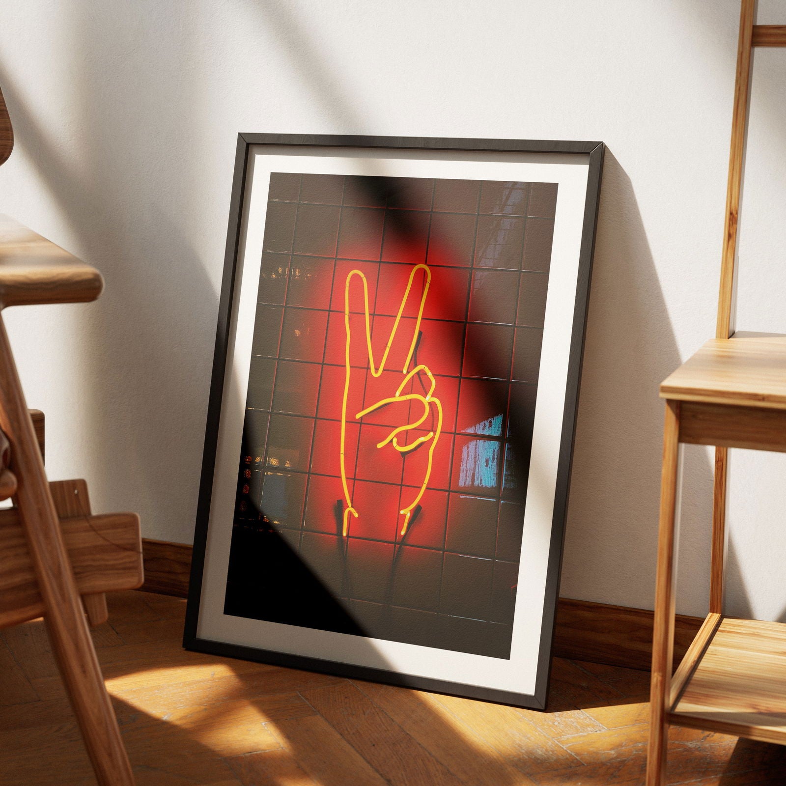 Modern Neon Hand Glow Peace Sign - Rolled Poster Wall Art Print - House Prints