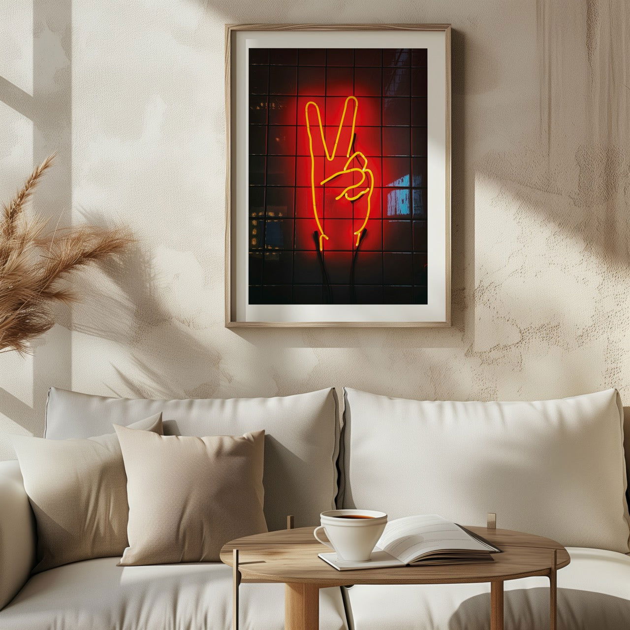Modern Neon Hand Glow Peace Sign - Rolled Poster Wall Art Print - House Prints