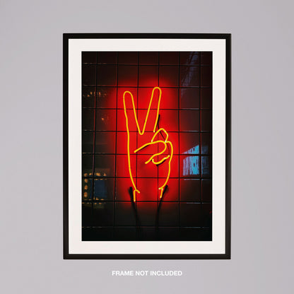 Modern Neon Hand Glow Peace Sign - Rolled Poster Wall Art Print - House Prints