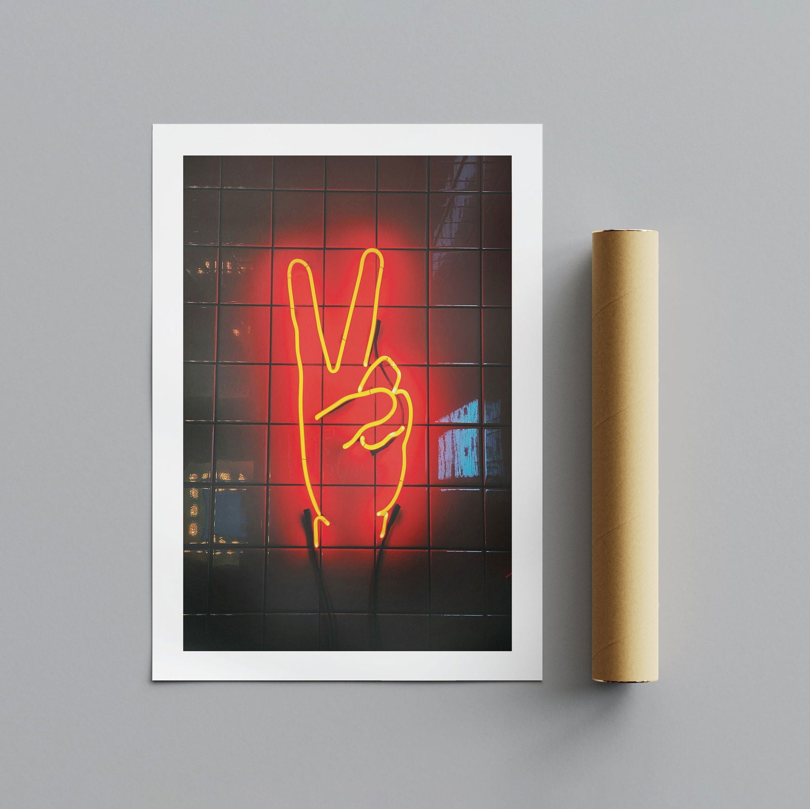 Modern Neon Hand Glow Peace Sign - Rolled Poster Wall Art Print - House Prints