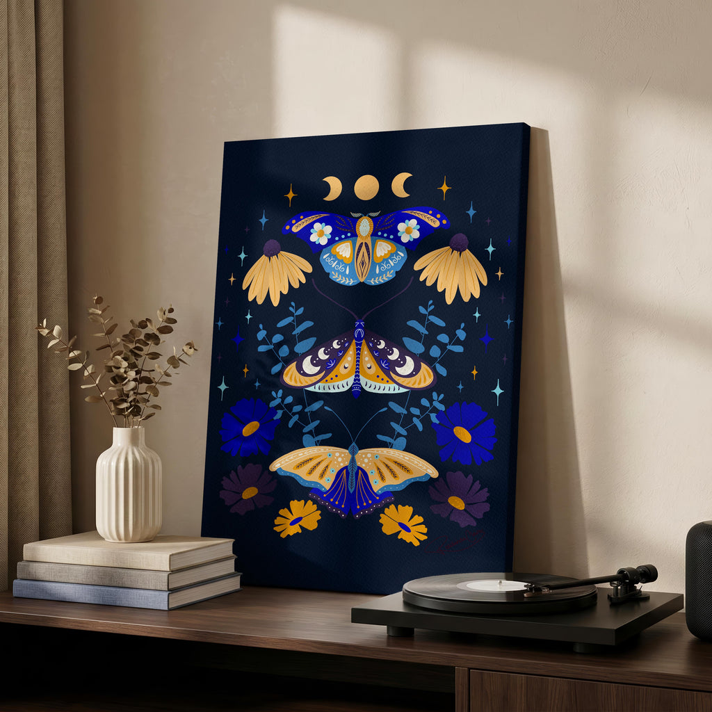 Moths in Stardust (Dark) - Rosalinde Clara - Framed Canvas Wall Art Print | House Prints