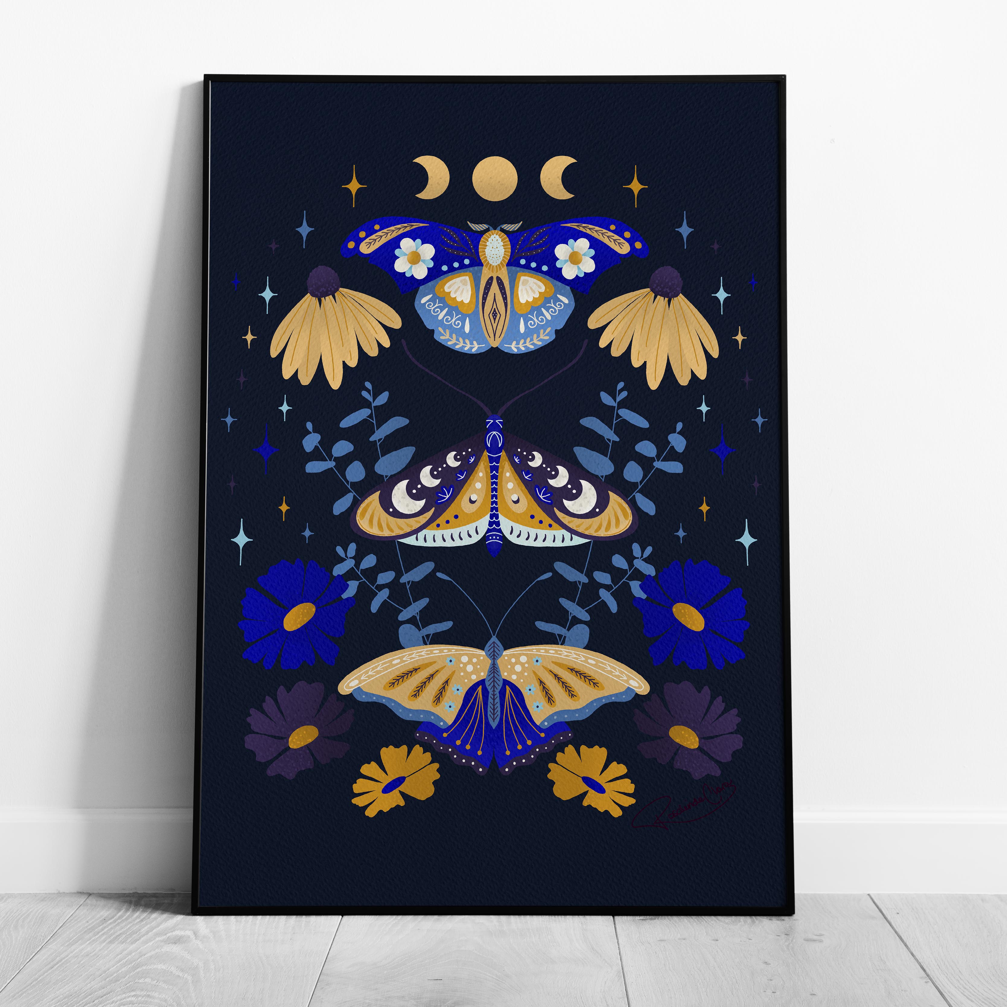 Moths in Stardust (Dark) - Rosalinde Clara - Rolled Poster Wall Art Print | House Prints