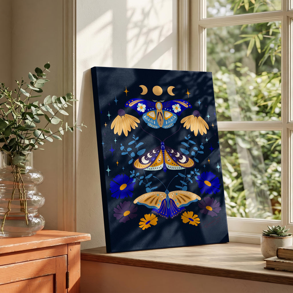 Moths in Stardust (Dark) - Rosalinde Clara - Framed Canvas Wall Art Print | House Prints