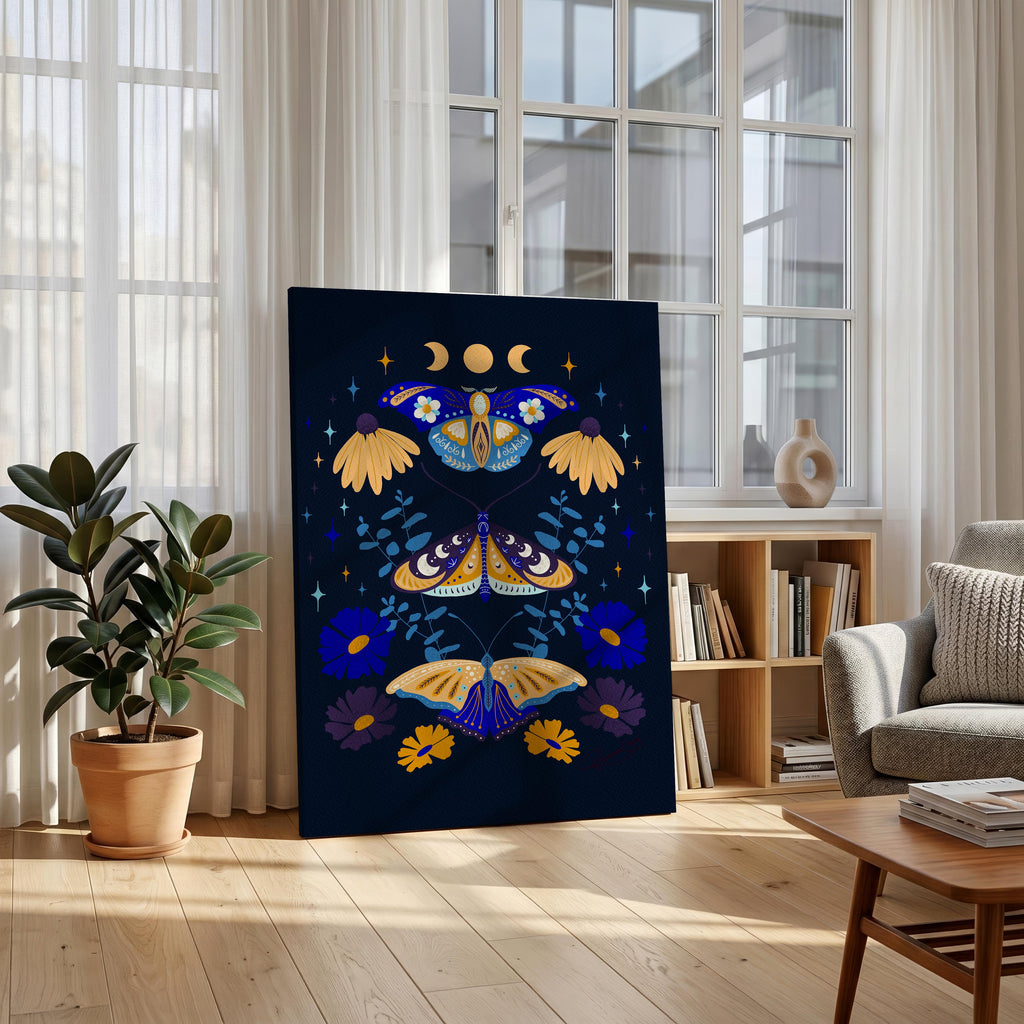 Moths in Stardust (Dark) - Rosalinde Clara - Framed Canvas Wall Art Print | House Prints