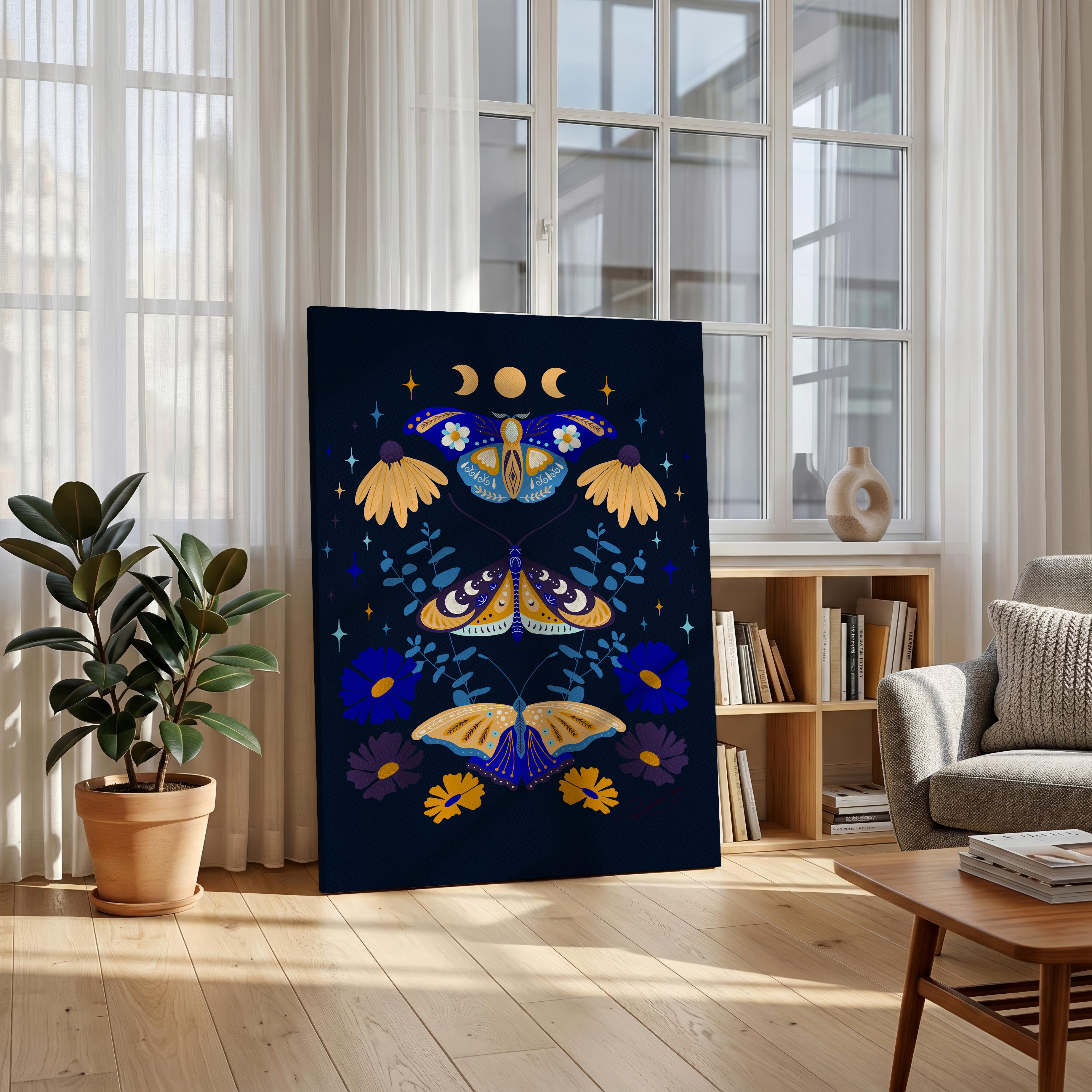 Moths in Stardust (Dark) - Rosalinde Clara - Framed Canvas Wall Art Print | House Prints