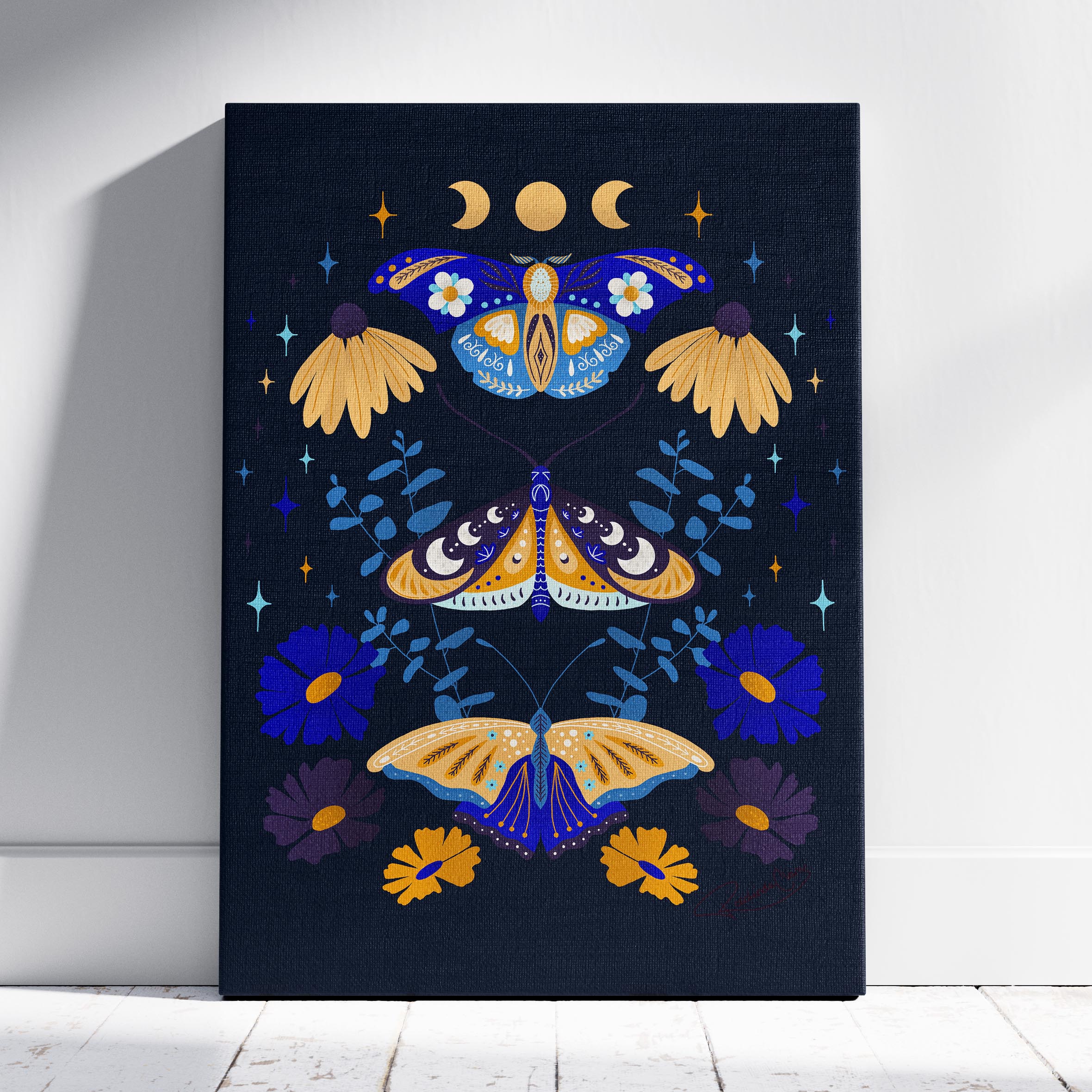 Moths in Stardust (Dark) - Rosalinde Clara - Framed Canvas Wall Art Print | House Prints