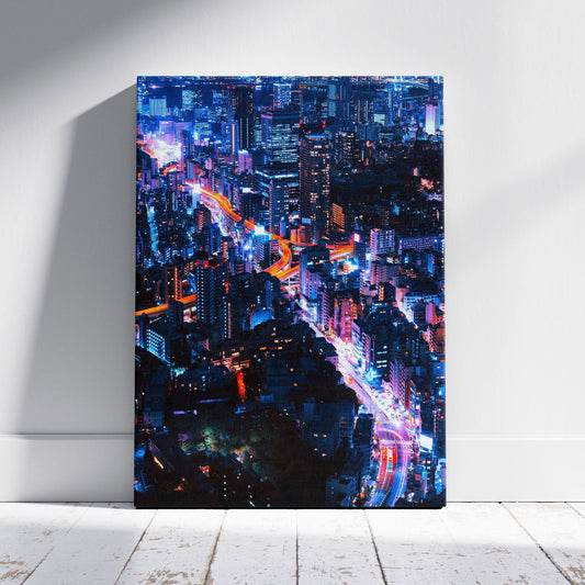 Neon Lights Cityscape NYC - Framed Canvas Wall Art Print - House Prints