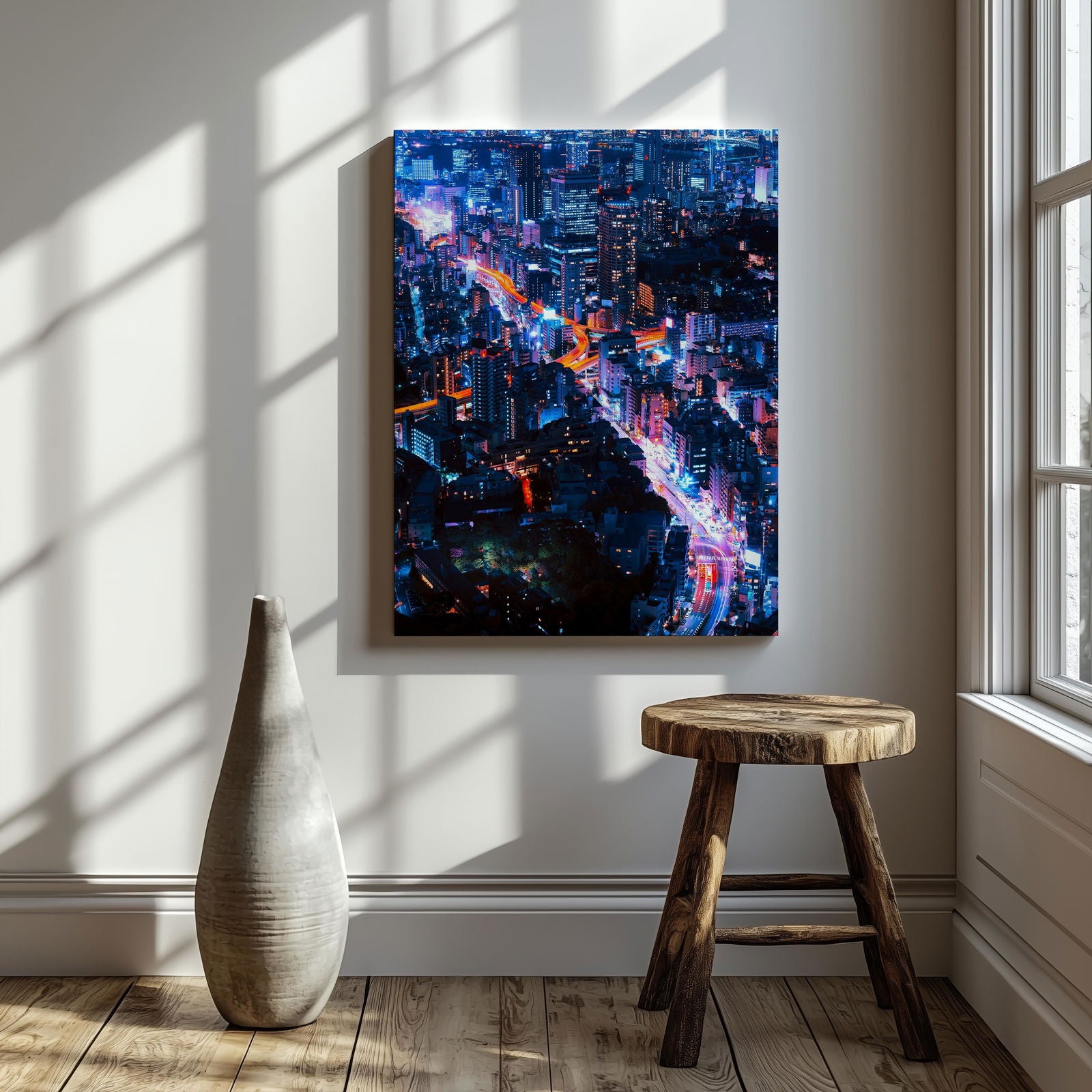 Neon Lights Cityscape NYC - Framed Canvas Wall Art Print - House Prints