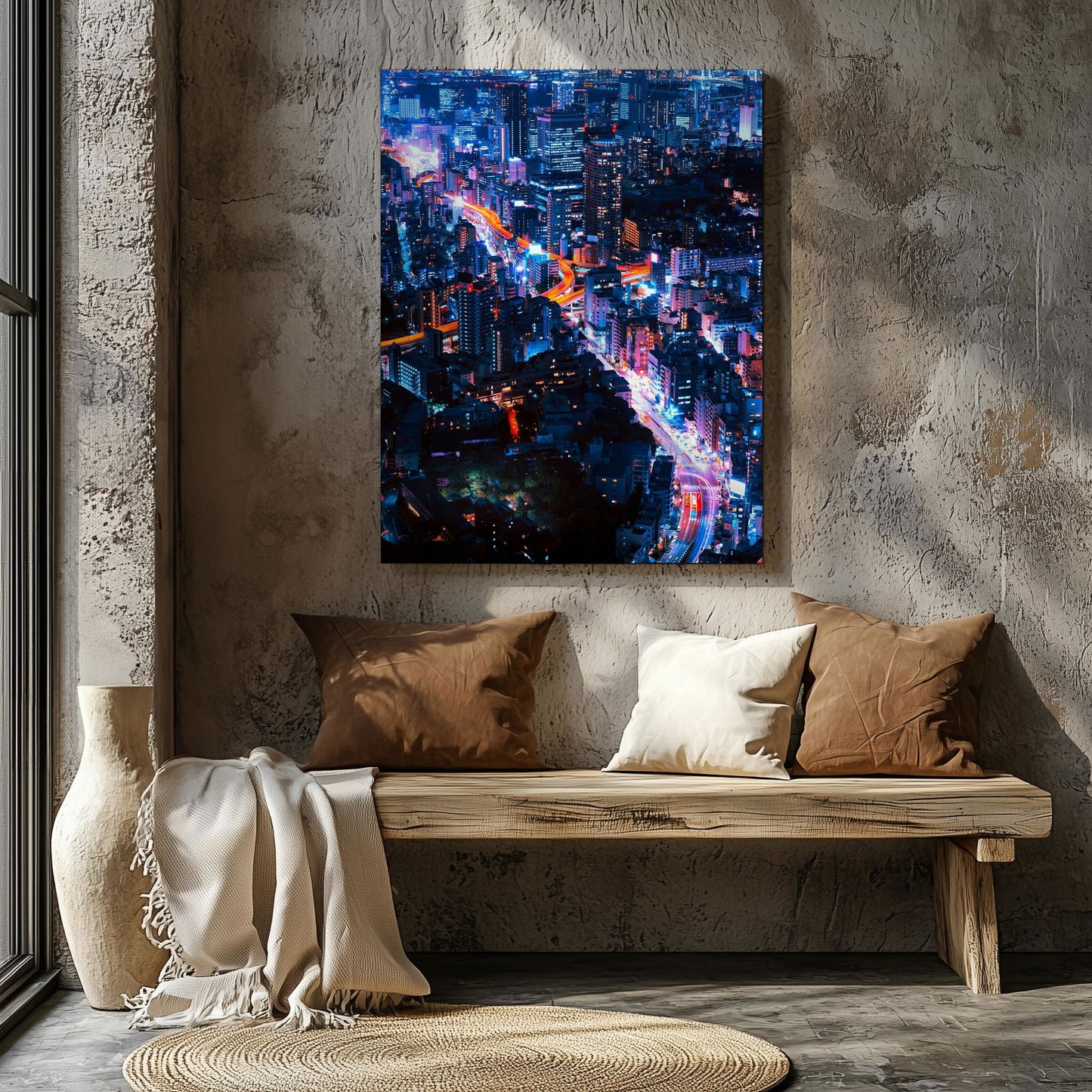 Neon Lights Cityscape NYC - Framed Canvas Wall Art Print - House Prints