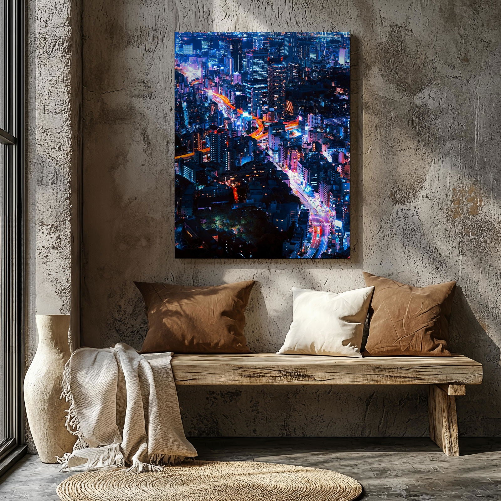 Neon Lights Cityscape NYC - Framed Canvas Wall Art Print - House Prints